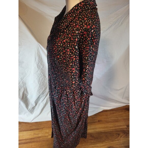 J Jill Size XL Black Red Floral Maxi Dress Full Button Jersey Tie Back - Picture 4 of 6